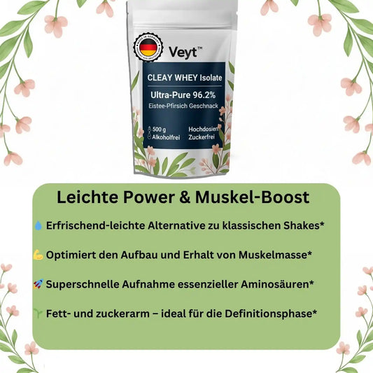 Veyt™ Clear Whey Isolate 500 g, Eistee-Pfirsich, ultra-pur 96.2 %, zuckerfrei, Muskelaufbau, Made in Germany