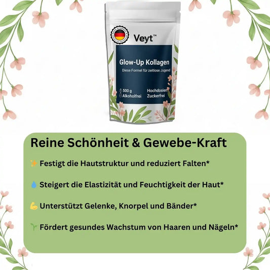 Veyt Glow-Up Kollagen Pulver und Aufzählung der Vorteile: Reine Schönheit & Gewebe-Kraft. Festigt die Hautstruktur, reduziert Falten, steigert die Elastizität und Feuchtigkeit der Haut, unterstützt Gelenke und fördert gesundes Wachstum von Haaren und Nägeln