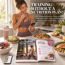 Protein and meal guide pages from the glute workout plan for women, next to prepared meals