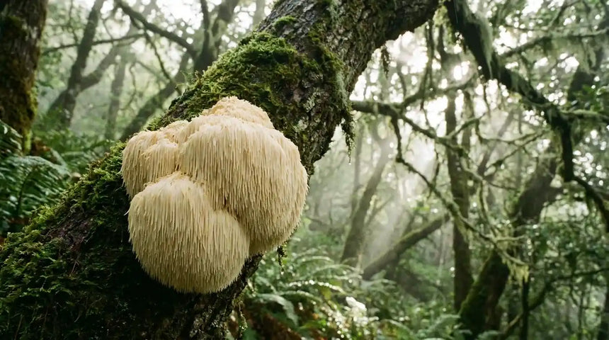 Frischer Igelstachelbart-Pilz auf Waldboden – Grundlage für Lion's Mane Extrakt