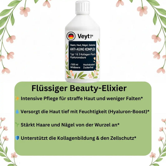 Werbeanzeige für Veytl™ Anti-Aging Komplex mit Typ 1 & 3 Kollagen aus Fisch und Hyaluronsäure, 500 ml Flüssigkeit, Wildbeer-Geschmack, hochdosiert und zuckerfrei, dekorativ mit floralen Elementen, beworben für Haare, Haut, Nägel und Gelenke, mit hervorgehobenen Vorteilen wie straffere Haut, weniger Falten, Hyaluron-Feuchtigkeitsboost, gestärkte Haare und Nägel sowie Unterstützung der Kollagenbildung und Zellschutz, hergestellt in Deutschland
