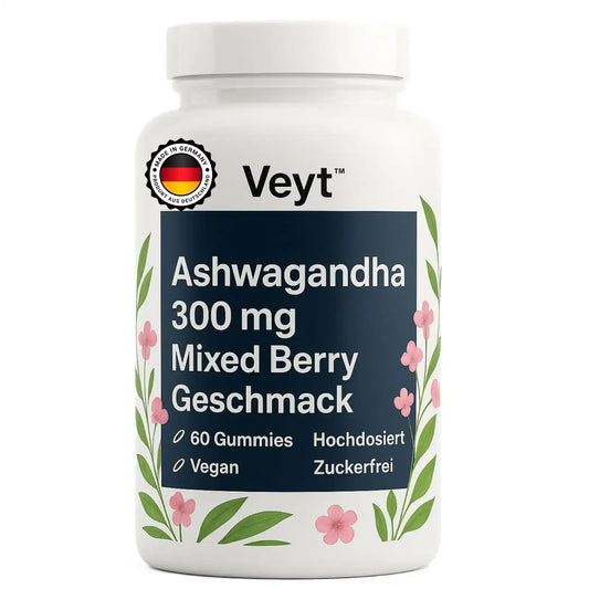 Weiße Flasche Veyt™ Ashwagandha 300 mg Gummies mit floraler Gestaltung. Enthält 60 hochdosierte, vegane, zuckerfreie Gummies mit Mixed-Berry-Geschmack. Mit Siegel „Made in Germany – Hergestellt aus Deutschland“.