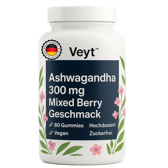 Weiße Flasche Veyt™ Ashwagandha 300 mg Gummies mit floraler Gestaltung. Enthält 60 hochdosierte, vegane, zuckerfreie Gummies mit Mixed-Berry-Geschmack. Mit Siegel „Made in Germany – Hergestellt aus Deutschland“.