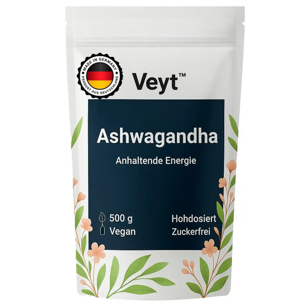 Produktetikett von Veyt™ Ashwagandha mit 500 g Inhalt, hochdosiert und zuckerfrei, beworben zur Unterstützung von anhaltender Energie und innerer Balance, vegan und hergestellt in Deutschland mit Qualitätssiegel „Made in Germany – Produkt aus Deutschland“, dekorativ mit floralen Elementen