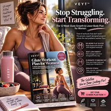 Glute Workout Plan for Women workbook on a table beside a woman in sportswear