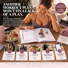 Open glute workout workbook with its five parts: workouts, exercise library, nutrition, supplement education and progress tracker