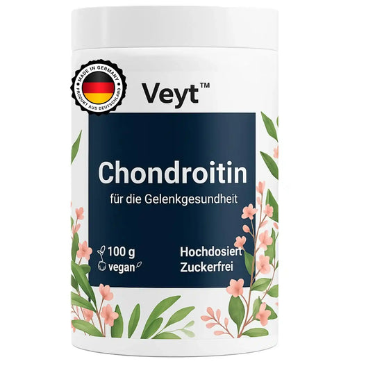 Produktetikett von Veyt™ Chondroitin mit 100 g Inhalt, hochdosiert, vegan und zuckerfrei, beworben zur Unterstützung der Gelenkgesundheit und Beweglichkeit, hergestellt in Deutschland mit Qualitätssiegel „Made in Germany – Produkt aus Deutschland“, dekorativ mit floralen Elementen