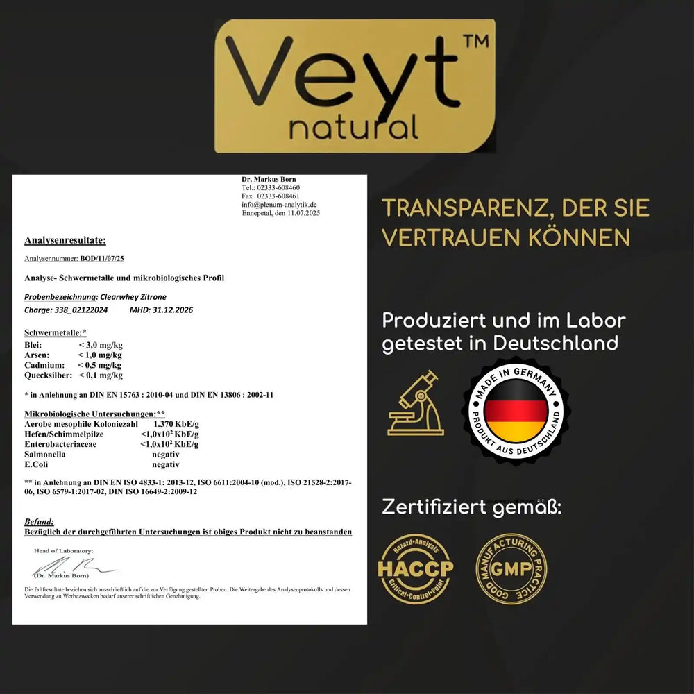 Veyt™ Clear Whey Zitrone, 500 g, geprüftes Supplement, HACCP & GMP zertifiziert, Made in Germany