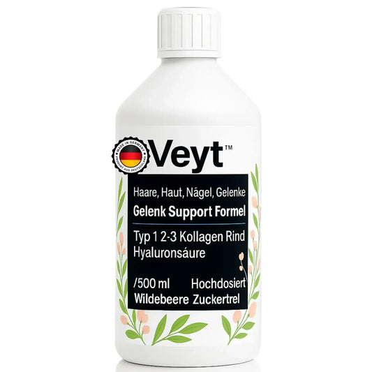Produktetikett von Veyt™ Gelenk Support Formel mit Typ 1, 2 und 3 Kollagen aus Rind und Hyaluronsäure, 500 ml Flüssigkeit, Wildbeer-Geschmack, hochdosiert und zuckerfrei, dekorativ mit schwarzem Label und floralen Elementen, beworben für Haare, Haut, Nägel und Gelenke, hergestellt in Deutschland mit Made-in-Germany-Siegel