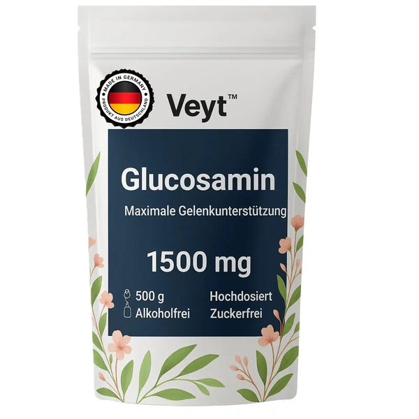 Produktetikett von Veyt™ Glucosamin mit 500 g Inhalt, hochdosiert und zuckerfrei, alkoholfrei, beworben zur maximalen Gelenkunterstützung mit 1500 mg Glucosamin pro Portion, hergestellt in Deutschland mit Qualitätssiegel „Made in Germany – Produkt aus Deutschland“, dekorativ mit floralen Elementen und dunkelblauem Label
