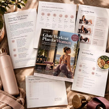 Inside pages of the 12-week glute workout plan: weekly overview, exercise page, meal page and progress tracker