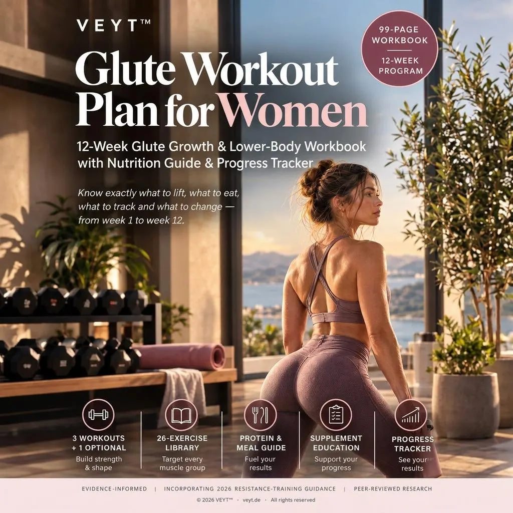 Glute Workout Plan for Women: cover of the 99-page, 12-week glute growth and lower-body workbook by VEYT