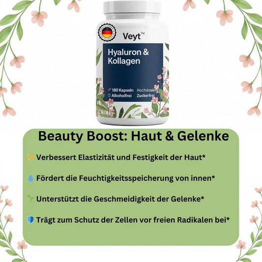 Werbeanzeige für Veyt™ Hyaluron & Kollagen mit 180 hochdosierten Kapseln, alkoholfrei und zuckerfrei, beworben zur Unterstützung von Hautelastizität, Feuchtigkeitsspeicherung, Gelenkgeschmeidigkeit und Zellschutz vor freien Radikalen, dekorativ mit floralen Elementen und Qualitätssiegel „Made in Germany – Produkt aus Deutschland“