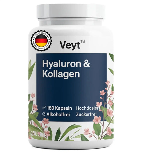 Produktetikett von Veyt™ Hyaluron & Kollagen mit 180 hochdosierten Kapseln, alkoholfrei und zuckerfrei, beworben zur Unterstützung von Haut, Gelenken und Zellstruktur, dekorativ mit floralen Elementen und Qualitätssiegel „Made in Germany – Produkt aus Deutschland“