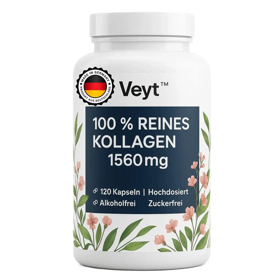 Produktetikett von Veyt™ Kollagen mit 120 hochdosierten Kapseln à 1560 mg reinem Kollagen, alkoholfrei und zuckerfrei, dekorativ mit floralen Elementen und Qualitätssiegel „Made in Germany – Produkt aus Deutschland“, ideal zur Unterstützung von Haut, Gelenken und Bindegewebe
