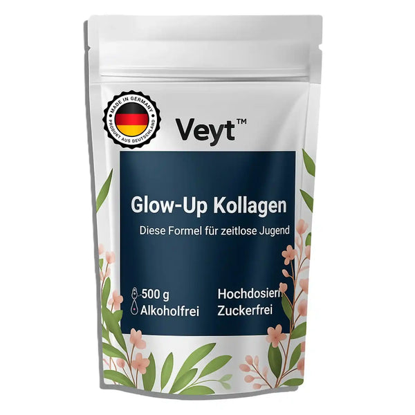 Veyt Glow-Up Kollagen Pulver in weißer 500g Stand-up-Tasche. Hochdosiert, alkoholfrei und zuckerfrei. Produkt aus Deutschland