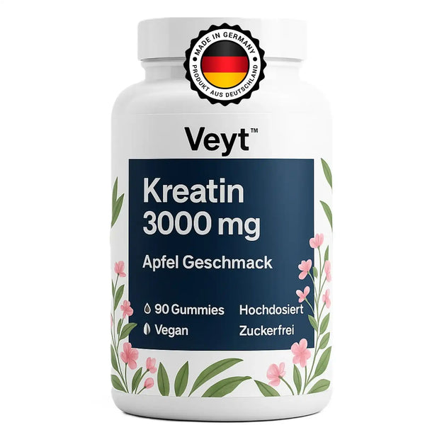 Weiße Flasche Veyt™ Kreatin 3000 mg mit Apfelgeschmack, 90 vegane zuckerfreie Gummies, hergestellt in Deutschland, mit floraler Etikettgestaltung