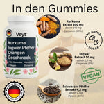 Werbegrafik für Veyt™ Kurkuma Ingwer Pfeffer Gummies mit Orangen-Geschmack. Weiße Flasche mit floraler Gestaltung, enthält 60 hochdosierte, vegane, zuckerfreie Gummies. Umgeben von Zutatenabbildungen: Kurkuma-Wurzeln und -Pulver, Ingwerwurzeln und -Pulver, schwarze Pfefferkörner. Textbox mit Inhaltsangaben: 300 mg Kurkuma-Extrakt (davon 240 mg Curcumin, 80 %), 50 mg Ingwer-Extrakt (davon 2,5 mg Gingerole, 5 %), 4,2 mg Schwarzer-Pfeffer-Extrakt (davon 4 mg Piperin, 95 %). Mit Labels „No Added Sugar“, „Vegan“