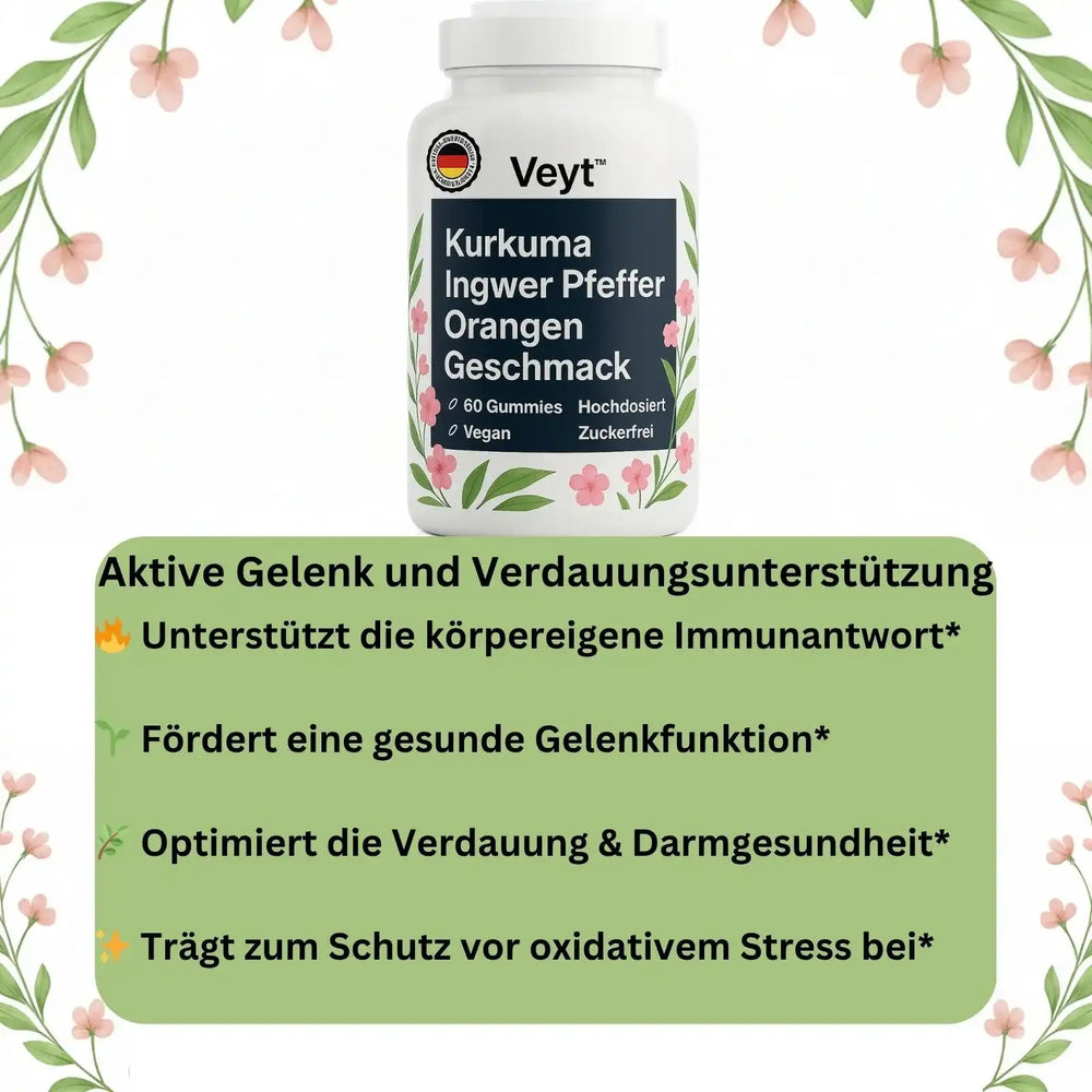Werbeanzeige für Veyt™ Kurkuma Ingwer Pfeffer Gummies mit Orangen-Geschmack. Weiße Flasche mit floraler Gestaltung, enthält 60 hochdosierte, vegane, zuckerfreie Gummies. Unterhalb grüne Box mit Vorteilen: unterstützt die körpereigene Immunantwort, fördert gesunde Gelenkfunktion, optimiert Verdauung und Darmgesundheit, trägt zum Schutz vor oxidativem Stress bei.