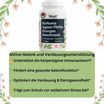 Werbeanzeige für Veyt™ Kurkuma Ingwer Pfeffer Gummies mit Orangen-Geschmack. Weiße Flasche mit floraler Gestaltung, enthält 60 hochdosierte, vegane, zuckerfreie Gummies. Unterhalb grüne Box mit Vorteilen: unterstützt die körpereigene Immunantwort, fördert gesunde Gelenkfunktion, optimiert Verdauung und Darmgesundheit, trägt zum Schutz vor oxidativem Stress bei.