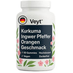 Weiße Flasche Veyt™ Kurkuma Ingwer Pfeffer Gummies mit Orangen-Geschmack. Enthält 60 hochdosierte, vegane, zuckerfreie Gummies. Dunkelblaues Etikett mit weißer Schrift, dekoriert mit rosa Blüten und grünen Blättern. Mit Siegel „Made in Germany – Produkt aus Deutschland“.