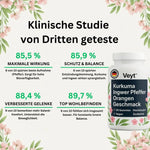 Werbeanzeige für Veyt™ Kurkuma Ingwer Pfeffer Gummies mit Orangen-Geschmack. Weiße Flasche mit floraler Gestaltung, enthält 60 hochdosierte, vegane, zuckerfreie Gummies. Daneben Ergebnisse einer klinischen Studie: 85,5 % bessere Aufnahme durch Pfeffer für hohe Bioverfügbarkeit, 85,9 % entzündungshemmende Wirkung durch Kurkuma und Ingwer, 88,4 % verbesserte Gelenkfunktion und Beweglichkeit, 89,7 % gesteigertes Wohlbefinden und innere Balance.