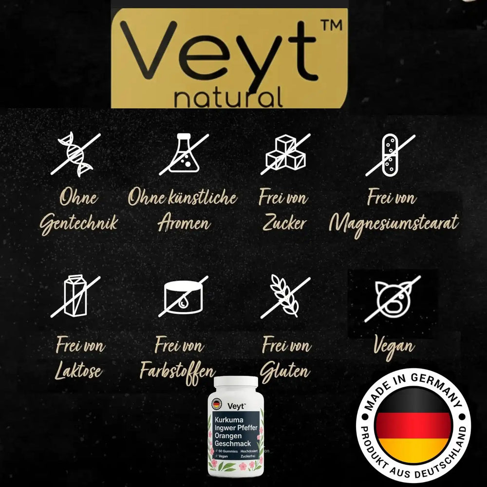 Werbegrafik für Veyt™ Kurkuma Ingwer Pfeffer Gummies mit Orangen-Geschmack. Weiße Flasche mit floraler Gestaltung, enthält 60 hochdosierte, vegane, zuckerfreie Gummies. Daneben Icons mit Produktmerkmalen: ohne Gentechnik, ohne künstliche Aromen, zuckerfrei, frei von Magnesiumstearat, laktosefrei, farbstofffrei, glutenfrei und vegan. Mit Siegel „Made in Germany – Produkt aus Deutschland“.
