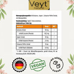 Produktetikett Veyt™ natural Kurkuma Ingwer Pfeffer Orangen Gummies 60 Stück vegan zuckerfrei Made in Germany Zutatenliste mit Angaben pro Stück 150mg Kurkuma Extrakt 1425mg Curcumin 50mg Ingwer Extrakt 29mg Gingerole 10mg Schwarzer Pfeffer Extrakt 44mg Piperin Einnahmehinweise und Lagerung florale Gestaltung für natürliche Optik