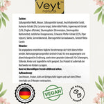 Produktetikett Veyt™ Kurkuma Ingwer Pfeffer Orangen Gummies 60 Stück vegan zuckerfrei Made in Germany mit Zutatenliste Einnahmehinweisen und Lagerung florale Gestaltung für natürliche Optik
