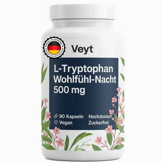 Produktbild von Veyt™ L-Tryptophan Wohlfühl-Nacht mit 90 veganen Kapseln à 500 mg, hochdosiert, alkoholfrei und zuckerfrei, beworben zur Unterstützung von Entspannung und Schlafqualität, dekorativ mit floralen Elementen und Qualitätssiegel „Made in Germany – Produkt aus Deutschland“