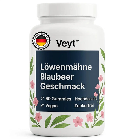 Weiße Flasche Veyt™ Löwenmähne Blaubeer Geschmack, 60 vegane zuckerfreie Gummies, hochdosiert, hergestellt in Deutschland, mit dunkelblauem Etikett und floraler Gestaltung