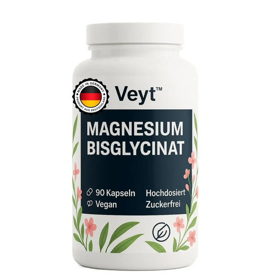 Produktbild von Veyt™ Magnesium Bisglycinat mit 90 hochdosierten veganen Kapseln, zuckerfrei, beworben zur Unterstützung von Muskel- und Nervenfunktion, Reduktion von Müdigkeit und Förderung von Entspannung, dekorativ mit floralen Elementen und Qualitätssiegel „Made in Germany – Produkt aus Deutschland“