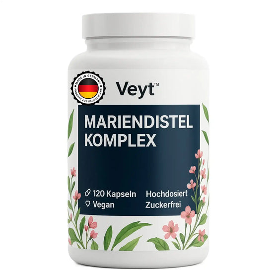Produktbild von Veyt™ Mariendistel Komplex mit 120 hochdosierten veganen Kapseln, zuckerfrei, beworben zur Unterstützung von Lebergesundheit und natürlicher Entgiftung, dekorativ mit floralen Elementen aus grünen Blättern und rosa Blüten, Qualitätssiegel „Made in Germany – Produkt aus Deutschland“