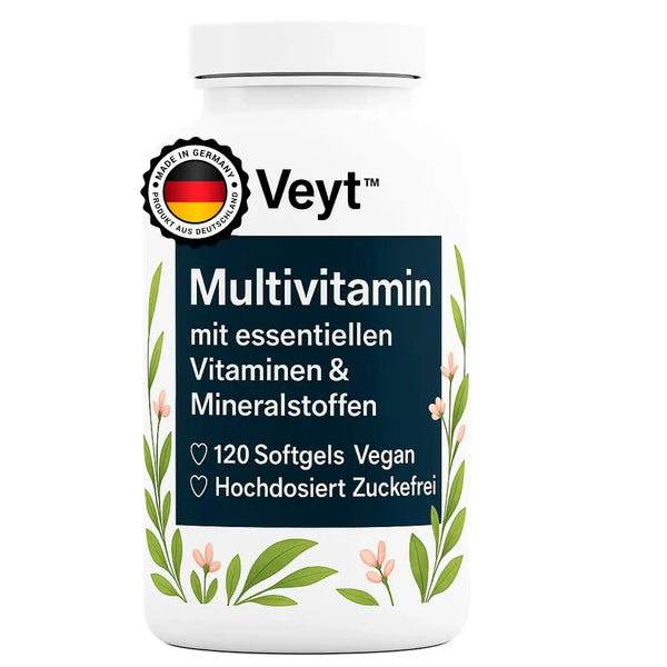 Produktbild von Veyt™ Multivitamin mit 120 veganen Softgels, hochdosiert und zuckerfrei, enthält essentielle Vitamine und Mineralstoffe zur Unterstützung von Energie, Immunsystem und allgemeinem Wohlbefinden, dekorativ mit floralen Elementen und Qualitätssiegel „Made in Germany – Produkt aus Deutschland“