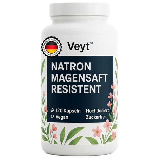Produktbild von Veyt™ Natron Magensaft-resistent mit 120 veganen Kapseln, hochdosiert und zuckerfrei, beworben als Nahrungsergänzungsmittel zur Unterstützung von Verdauung und Säure-Balance, dekorativ mit floralen Elementen und Qualitätssiegel „Made in Germany – Produkt aus Deutschland“