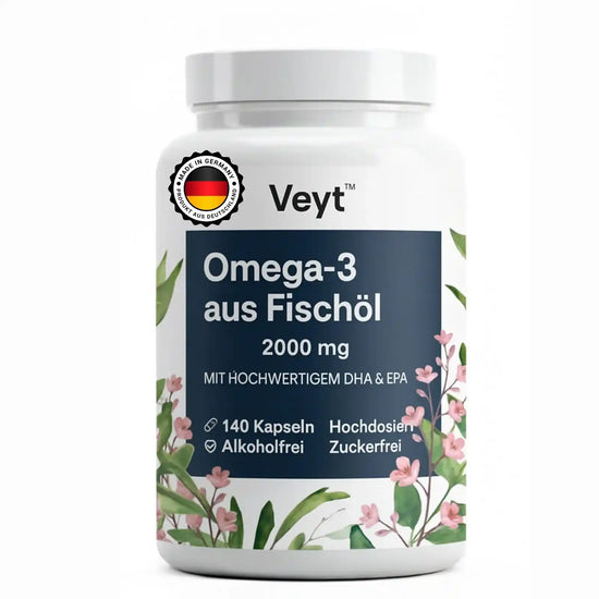 Produktetikett von Veyt™ Omega-3 Fischöl mit 140 Kapseln, hochdosiert 2000 mg, enthält hochwertiges DHA und EPA zur Unterstützung von Herz, Gehirn und Sehkraft, alkoholfrei, zuckerfrei und hergestellt in Deutschland, dekorativ mit floralen Elementen und Qualitätssiegel „Made in Germany – Produkt aus Deutschland“