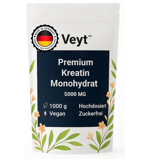 Veyt Premium Kreatin Monohydrat Pulver, 1000g Stand-up-Tasche. Hochdosiert mit 5000mg pro Portion, vegan und zuckerfrei. Produkt aus Deutschland