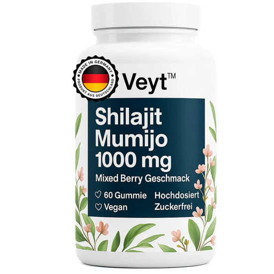 Weiße Flasche Veyt™ Shilajit Mumijo 1000 mg, Mixed-Berry-Geschmack, mit floraler Gestaltung und dunkelblauem Etikett, enthält 60 vegane zuckerfreie hochdosierte Gummies, hergestellt in Deutschland
