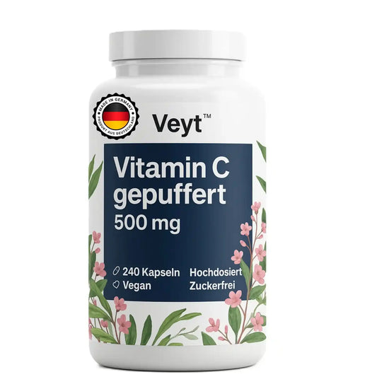 Produktetikett von Veyt™ Vitamin C gepuffert mit 240 veganen Kapseln à 500 mg, hochdosiert und zuckerfrei, beworben zur Unterstützung des Immunsystems und Zellschutz, hergestellt in Deutschland mit Qualitätssiegel „Made in Germany – Hergestellt aus Deutschland“, dekorativ mit floralen Elementen