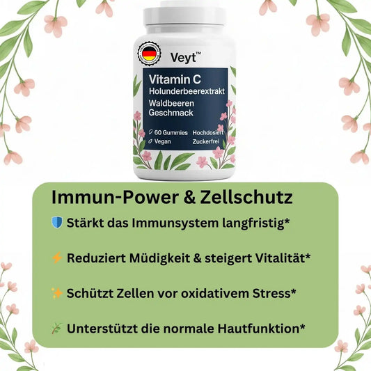 Werbeanzeige für Veyt™ Vitamin C Gummies mit Holunderbeerextrakt, Waldbeeren-Geschmack, weiße Flasche mit floraler Gestaltung und dunkelblauem Etikett, enthält 60 vegane zuckerfreie hochdosierte Gummies, hergestellt in Deutschland, mit hervorgehobenen Vorteilen wie Immunstärkung, Reduktion von Müdigkeit, Zellschutz vor oxidativem Stress und Unterstützung der Hautfunktion