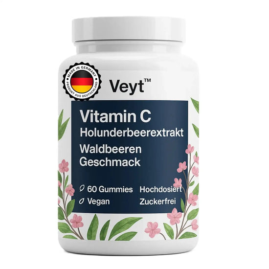 Weiße Flasche Veyt™ Vitamin C Gummies mit Holunderbeerextrakt, Waldbeeren-Geschmack, florale Gestaltung und dunkelblaues Etikett, enthält 60 vegane zuckerfreie hochdosierte Gummies, hergestellt in Deutschland