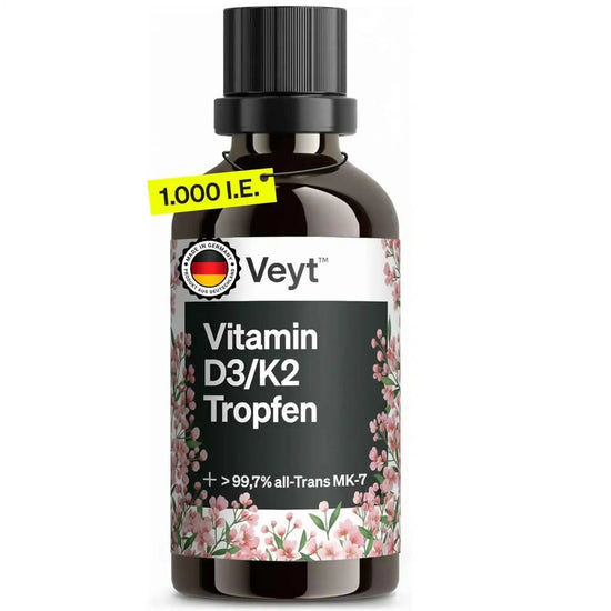 Veyt Vitamin D3/K2 Tropfen – Nahrungsergänzung mit 1.000 I.E. Vitamin D3 und >99,7 % all-trans MK-7, hergestellt in Deutschland, dunkle Glasflasche mit floralem Etikett.