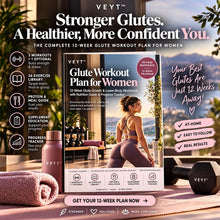 Overview of the glute workout plan for women: 3 workouts plus 1 optional, 26-exercise library, meal guide and progress tracker